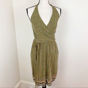 Chetta B Olive Green Beaded Halter Cocktail‎ Dress Sz S